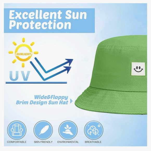 Sun Protection Green Cotton Summer Smiley Bucket Hat NEW Kids S-M Adults - Picture 4 of 6